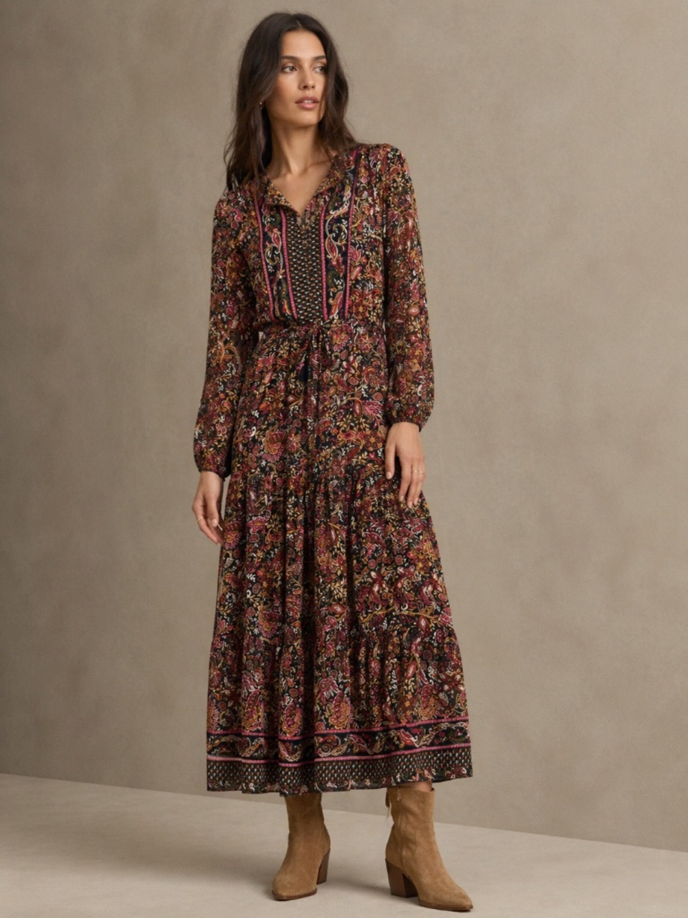 Anthropologie Boemo Boho Paisley Maxi Dress Size M Long Sleeve Tiered